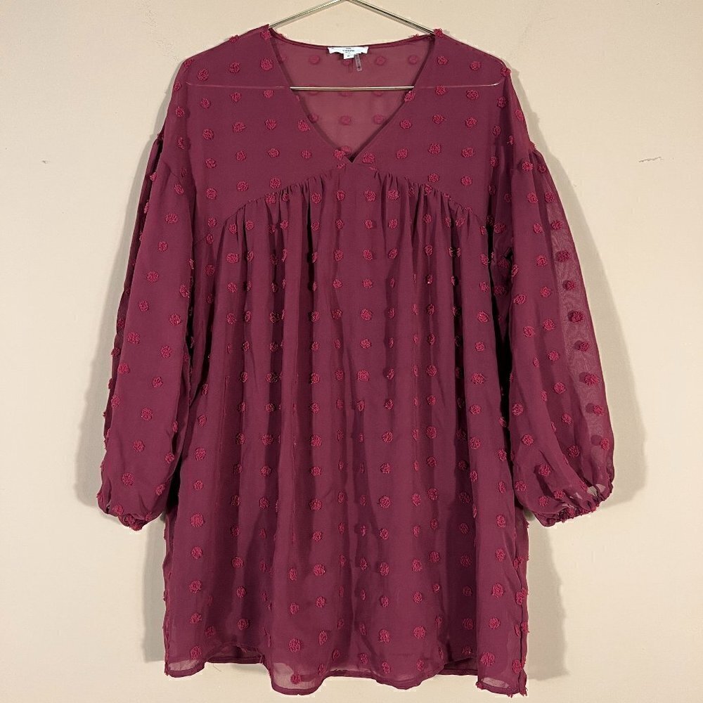 ENTRO Burgundy Lined Swiss Dot Babydoll Dress